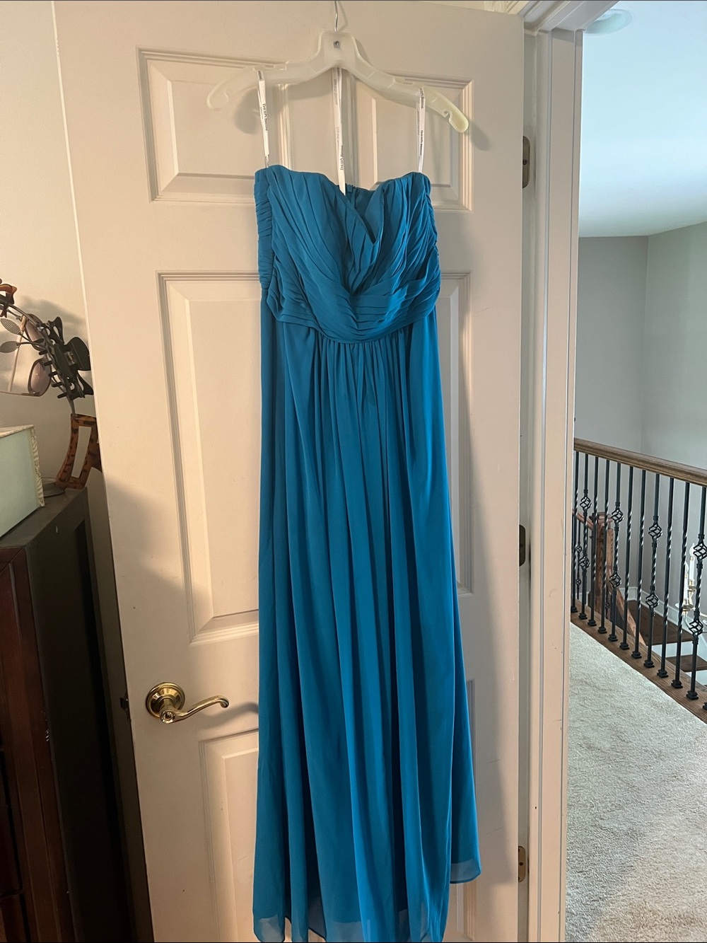 David's Bridal Strapless Turquoise Blue Chiffon Gown
